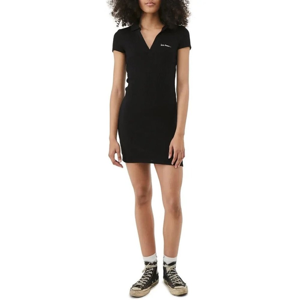 IETS FRANS Womens XS Black Ribbed Short Sleeve Polo Bodycon Dress